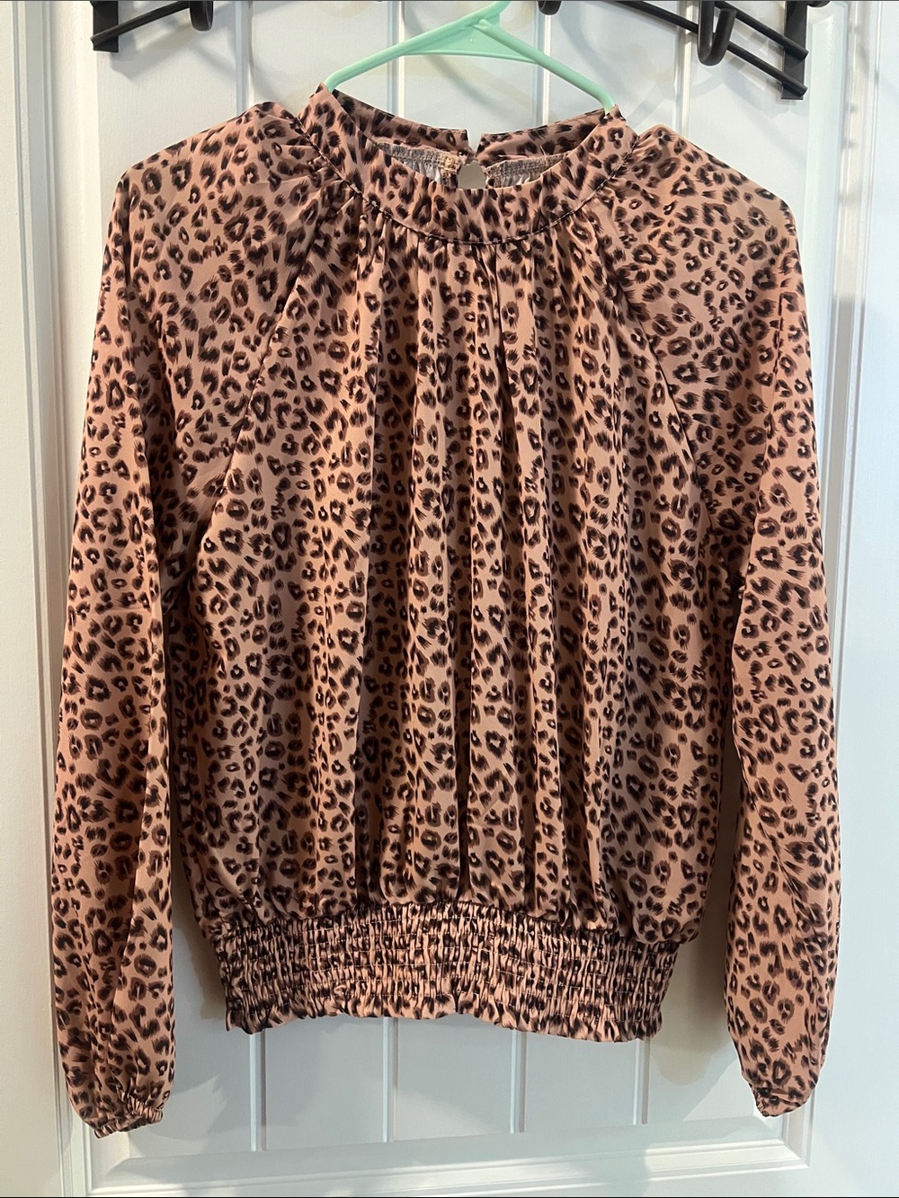 Leopard Print Smocked Hem Blouse - Dusty Rose